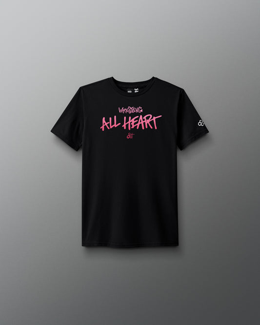 Black t-shirt with pink text on a gray background