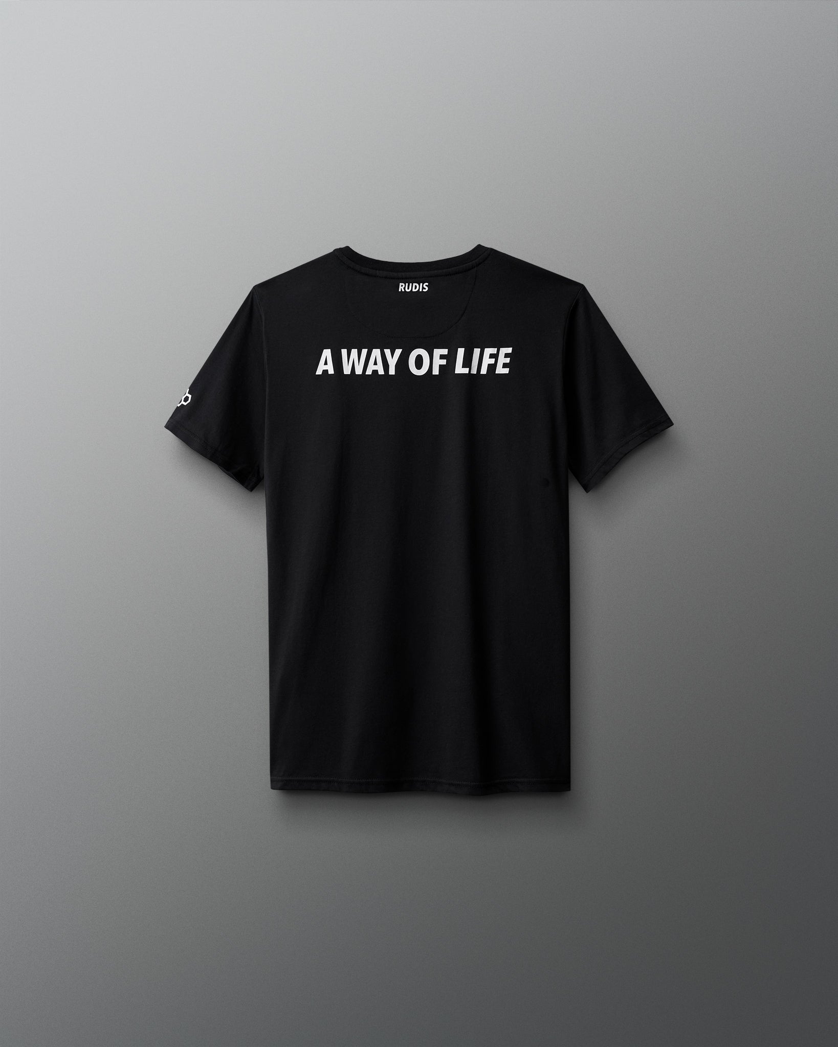 Black t-shirt with 'A Way of Life' text on a gray background