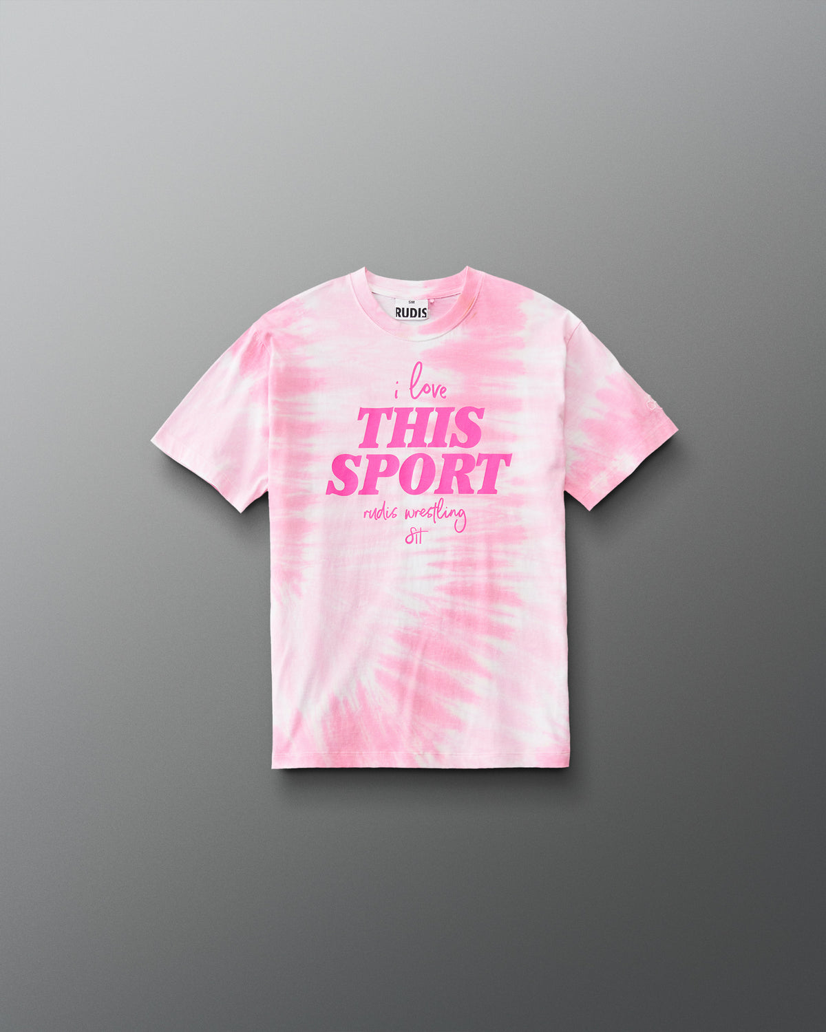 Front view of the RUDIS I Love This Sport Youth Classic Cotton T-Shirt in pink tie dye featuring bright pink I Love This Sport and RUDIS Wrestling lettering.