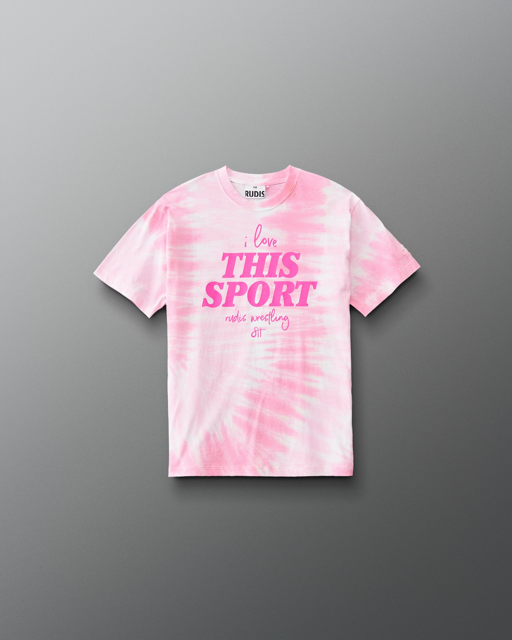Front view of the RUDIS I Love This Sport Youth Classic Cotton T-Shirt in pink tie dye featuring bright pink I Love This Sport and RUDIS Wrestling lettering.