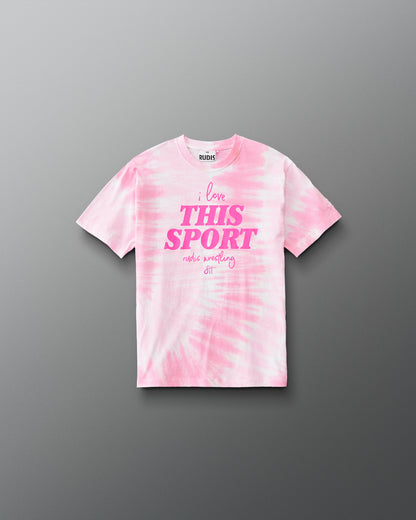 Front view of the RUDIS I Love This Sport Youth Classic Cotton T-Shirt in pink tie dye featuring bright pink I Love This Sport and RUDIS Wrestling lettering.