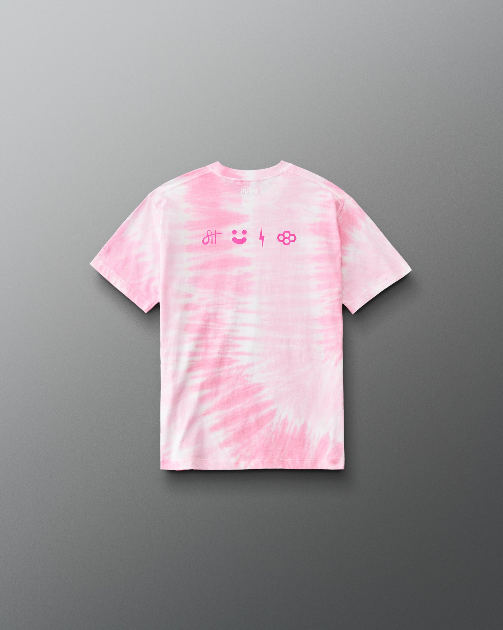 Back view of the RUDIS I Love This Sport Youth Classic Cotton T-Shirt in pink tie dye with pink wrestling-inspired symbols across the upper back.