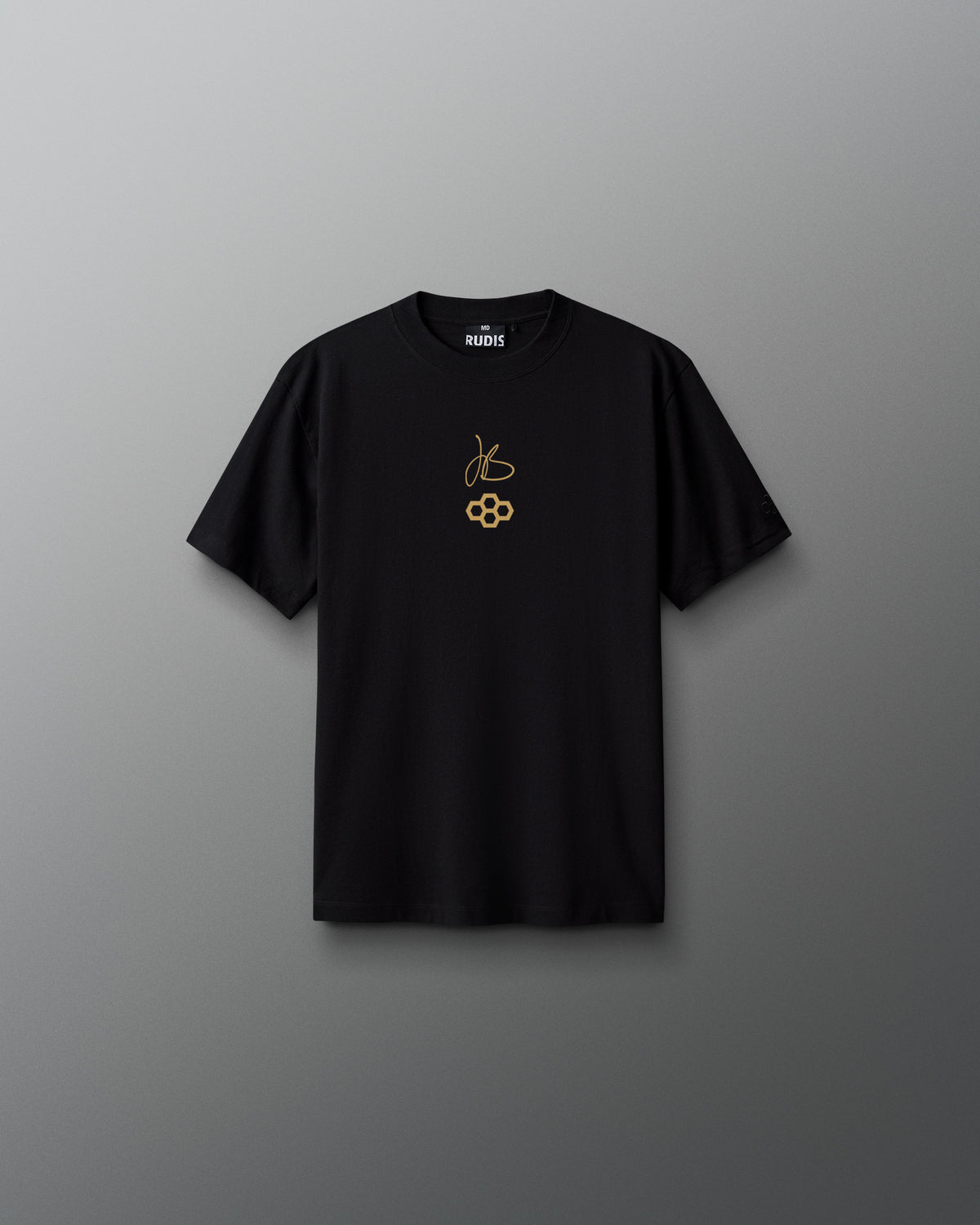 Black RUDIS Youth JB Gold Heavyweight T-Shirt shown from the front, featuring Jordan Burroughs’ signature and RUDIS mark in gold on the chest with a tonal RUDIS sleeve logo.