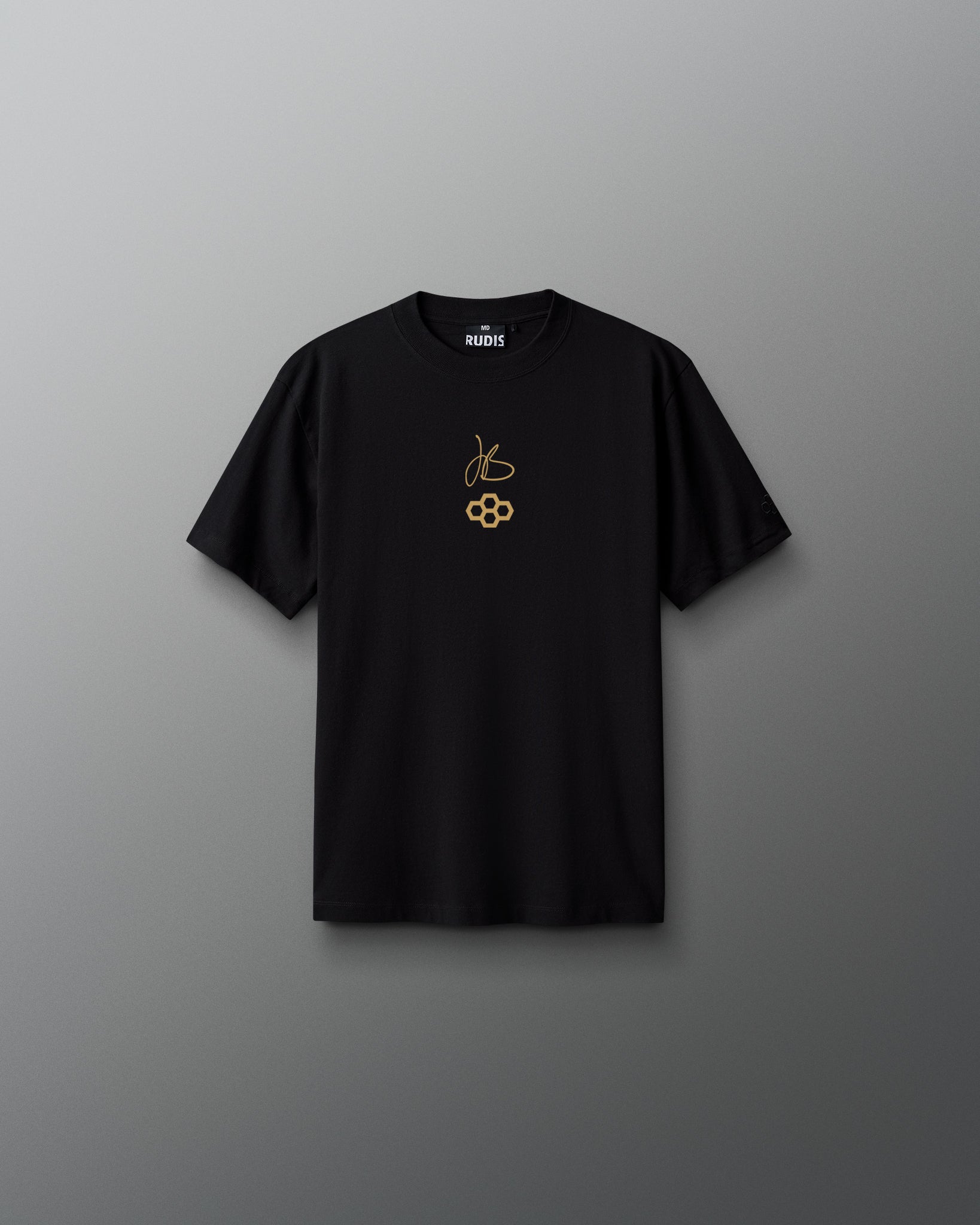 Black RUDIS Youth JB Gold Heavyweight T-Shirt shown from the front, featuring Jordan Burroughs’ signature and RUDIS mark in gold on the chest with a tonal RUDIS sleeve logo.