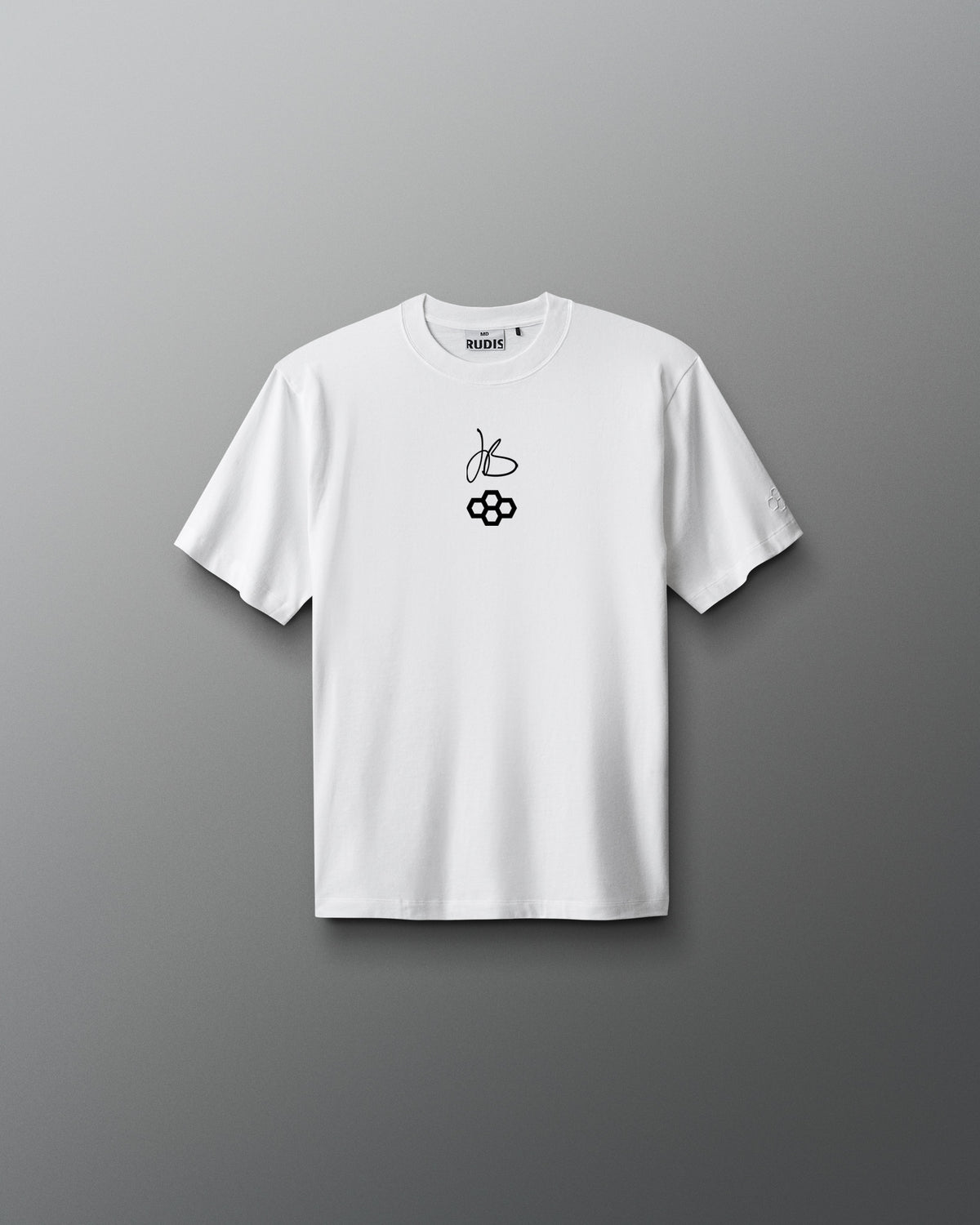 White RUDIS Youth JB Gold Heavyweight T-Shirt shown from the front, featuring Jordan Burroughs’ signature above the RUDIS mark on the chest with a tonal RUDIS logo on the sleeve.