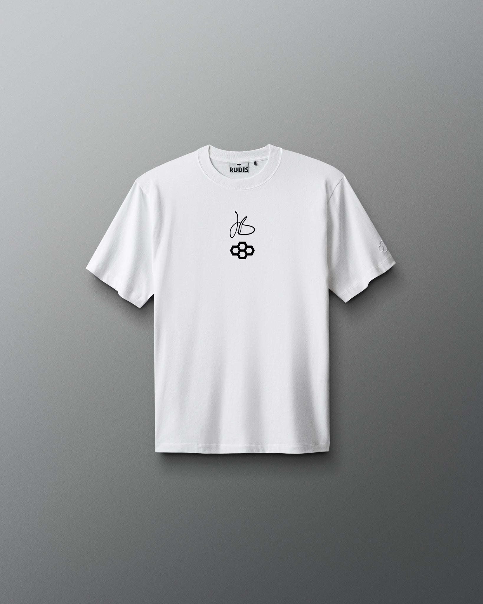 White RUDIS Youth JB Gold Heavyweight T-Shirt shown from the front, featuring Jordan Burroughs’ signature above the RUDIS mark on the chest with a tonal RUDIS logo on the sleeve.
