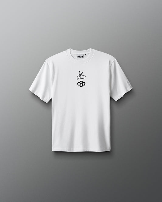 White RUDIS Youth JB Gold Heavyweight T-Shirt shown from the front, featuring Jordan Burroughs’ signature above the RUDIS mark on the chest with a tonal RUDIS logo on the sleeve.