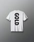 Back view of the white RUDIS Youth JB Gold Heavyweight T-Shirt featuring oversized vertical black “GOLD” lettering with Jordan Burroughs and RUDIS details beneath the graphic.