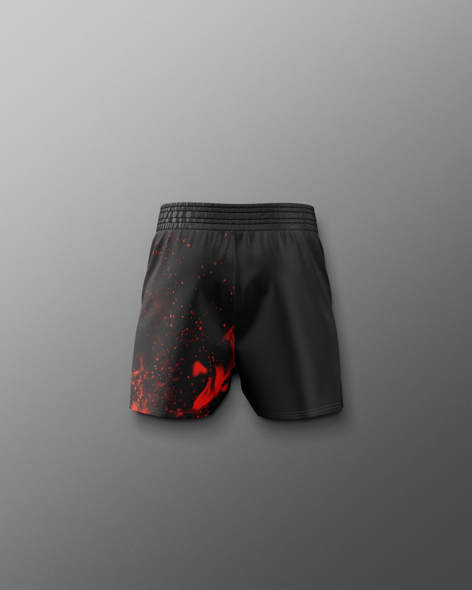 Black shorts with red design on a gray background