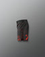 Black shorts with red splatter pattern on a gray background