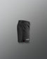 Black shorts with a brand logo on a gray background