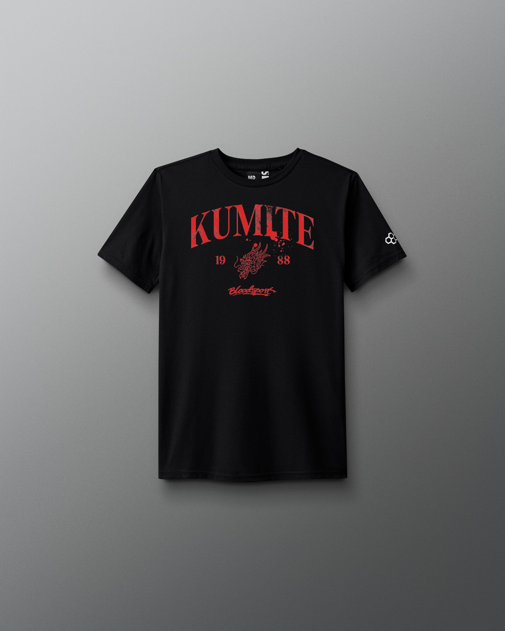 Black t-shirt with red 'KUMITE' text on a gray background