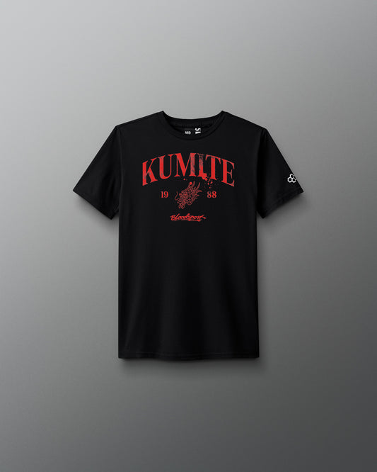 Black t-shirt with red 'KUMITE' text on a gray background