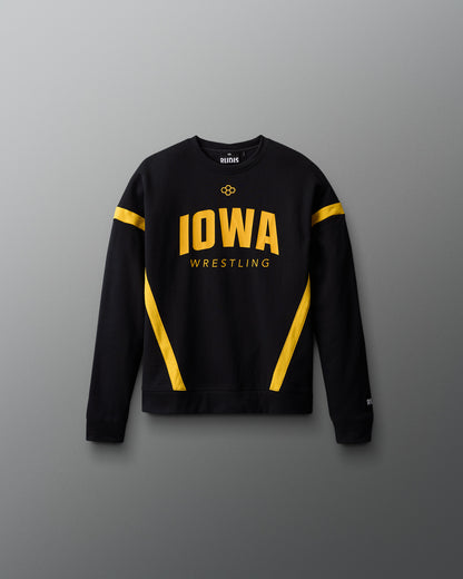 Black sweatshirt with yellow accents and 'Iowa Wrestling' text on a gray background