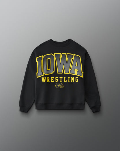 RUDIS Iowa Hawkeyes Youth Relaxed Comfort Fleece Crewneck in Black, front view featuring bold gray and gold Iowa Wrestling lettering and Hawkeyes logo.