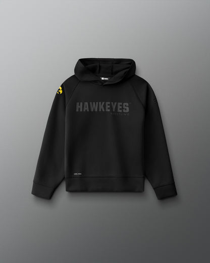 Front view of the RUDIS Iowa Hawkeyes Youth Cool Feel Hoodie in black with tonal Hawkeyes Wrestling chest graphic and gold Iowa Hawkeyes sleeve logo.