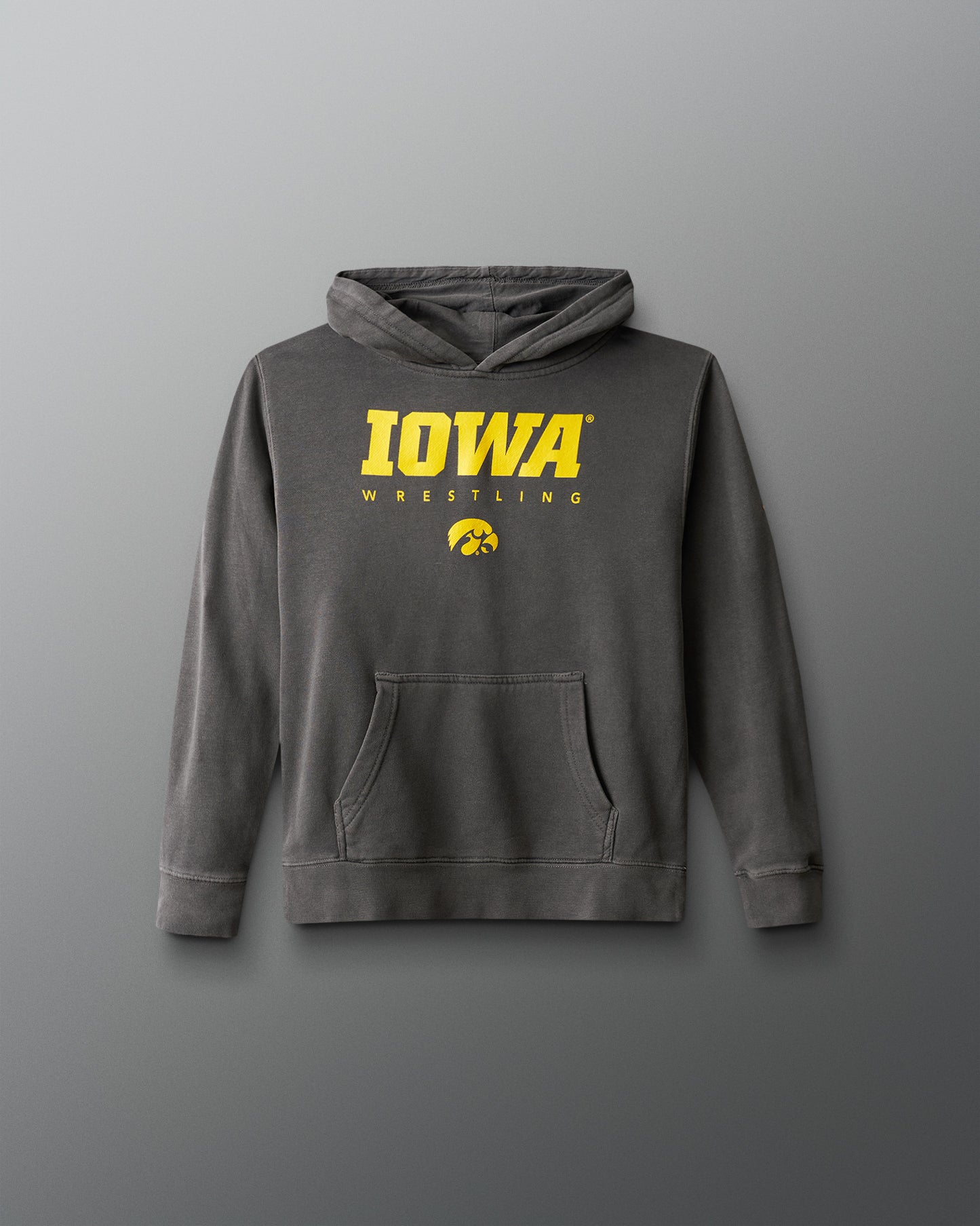 Gray hoodie with 'Iowa Wrestling' text on a gray background