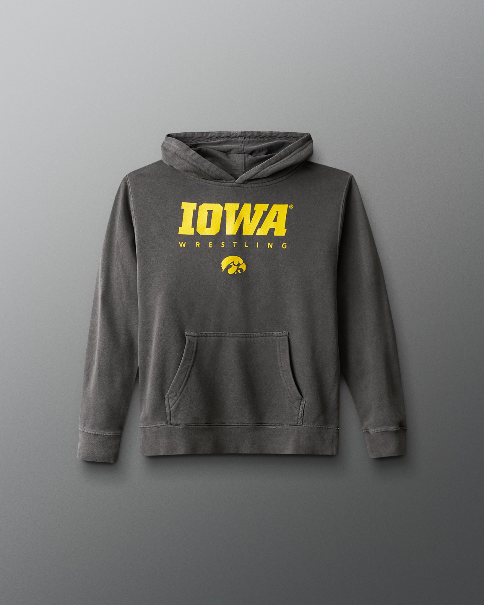 Gray hoodie with 'Iowa Wrestling' text on a gray background