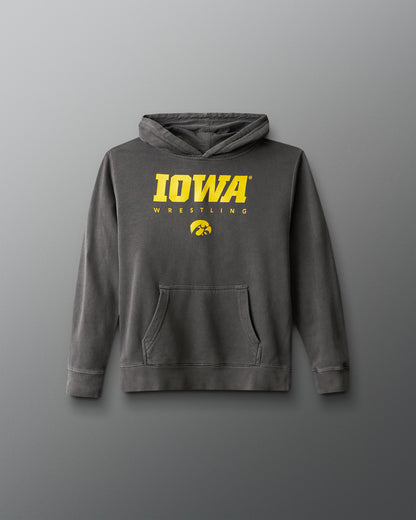 Gray hoodie with 'Iowa Wrestling' text on a gray background