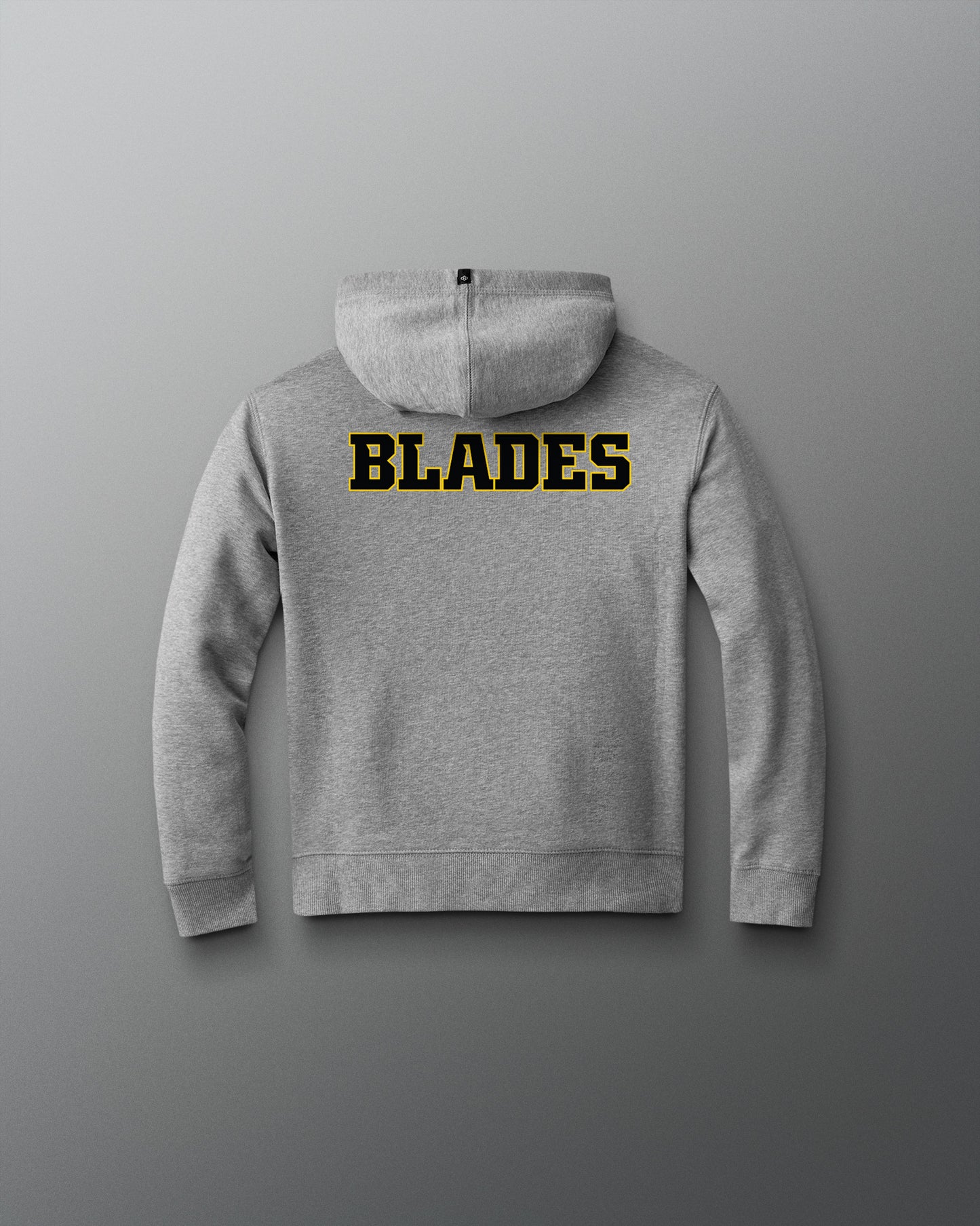 Gray hoodie with 'BLADES' text on the back against a gray background