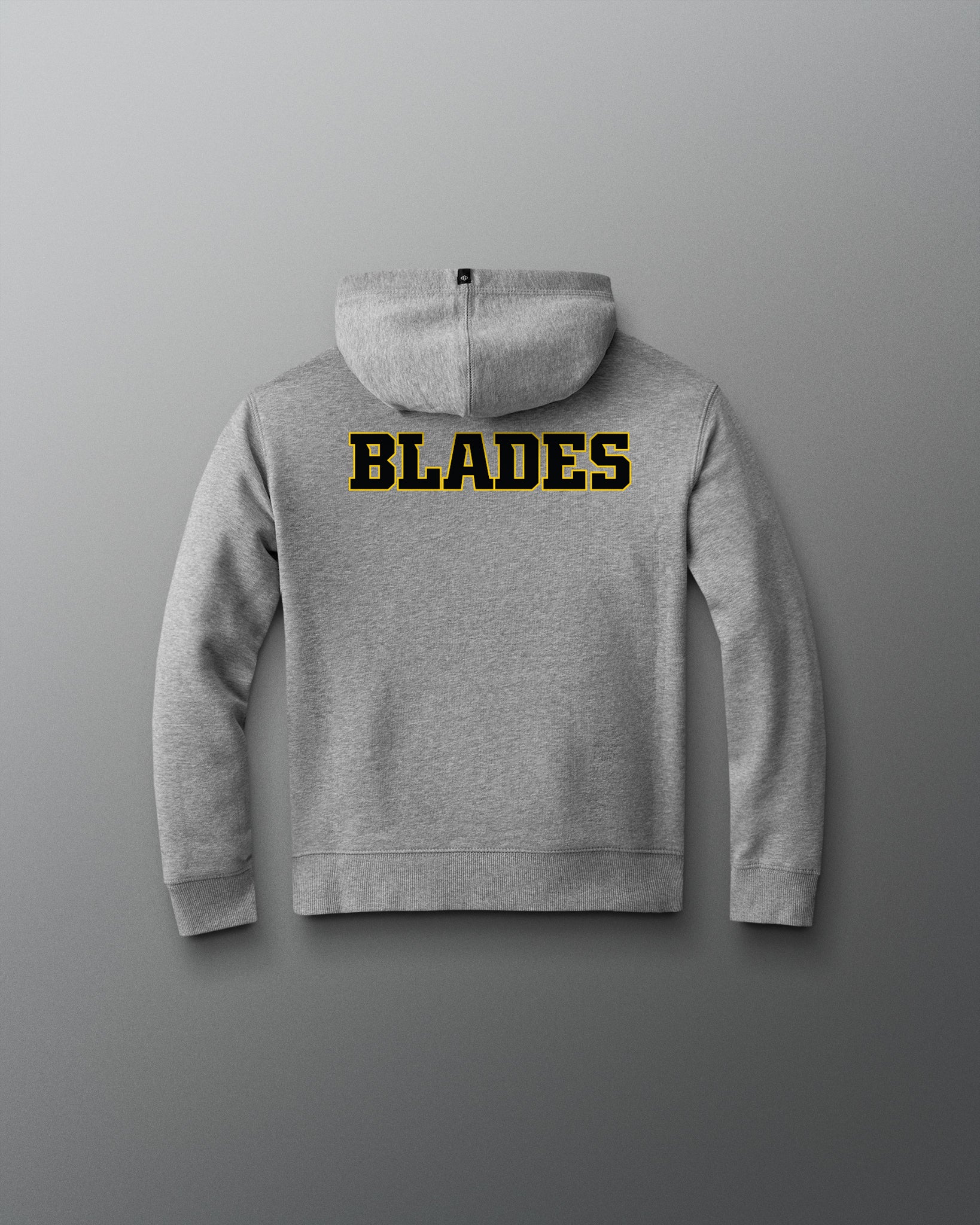 Gray hoodie with 'BLADES' text on the back against a gray background