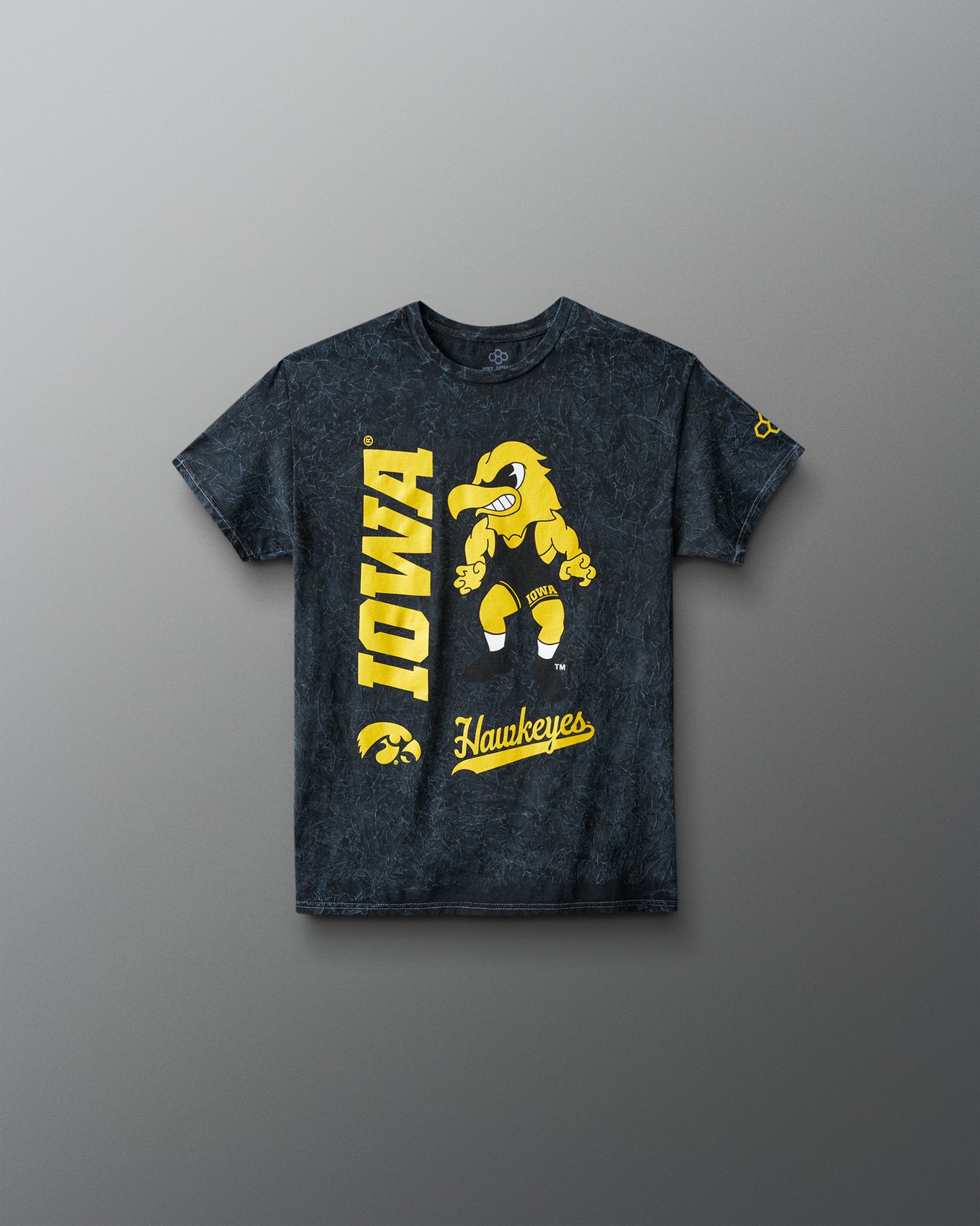 Black t-shirt with yellow 'Iowa Hawkeyes' graphics on a gray background