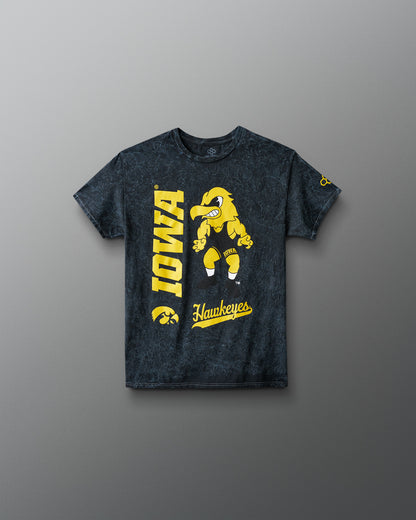 Black t-shirt with yellow 'Iowa Hawkeyes' graphics on a gray background