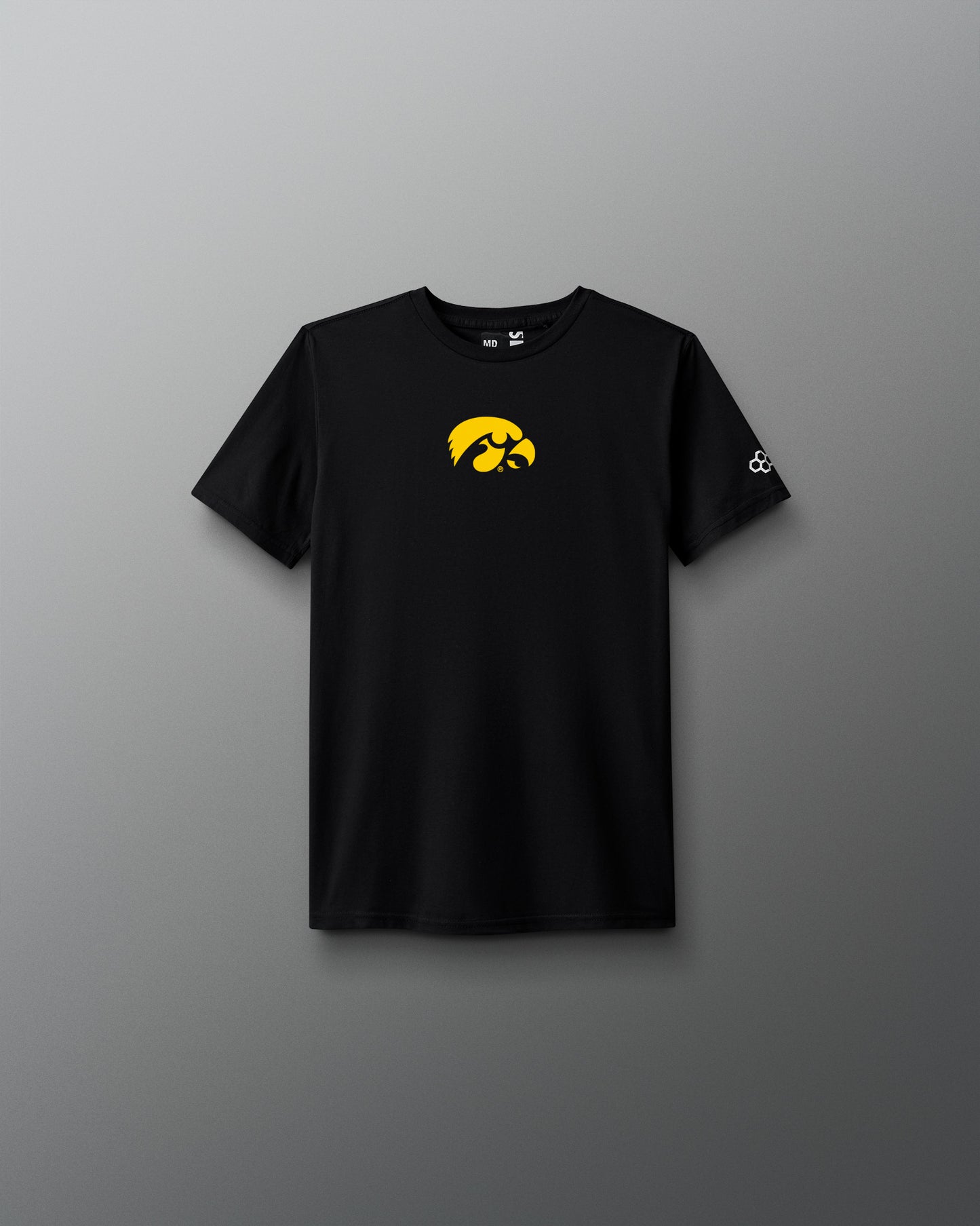 Black t-shirt with a yellow logo on a gray background