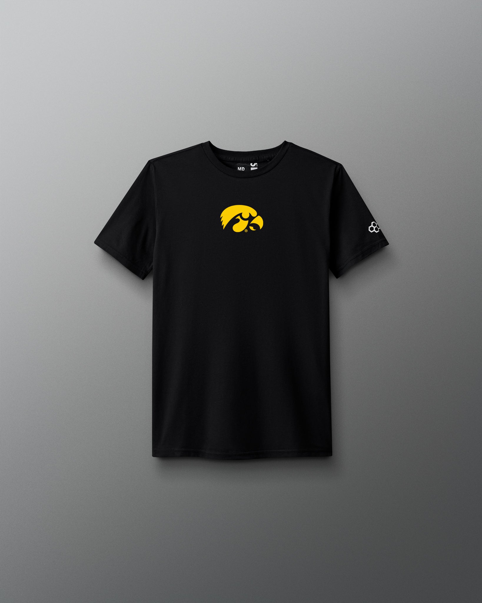 Black t-shirt with a yellow logo on a gray background