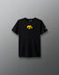 Black t-shirt with a yellow logo on a gray background
