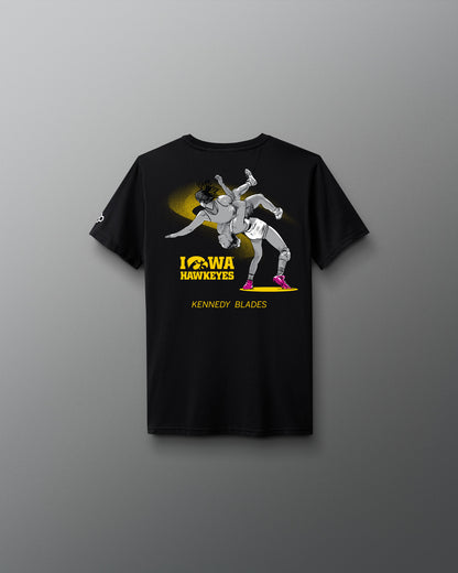 Black t-shirt with wrestling graphic and 'Iowa Hawkeyes' text on a gray background