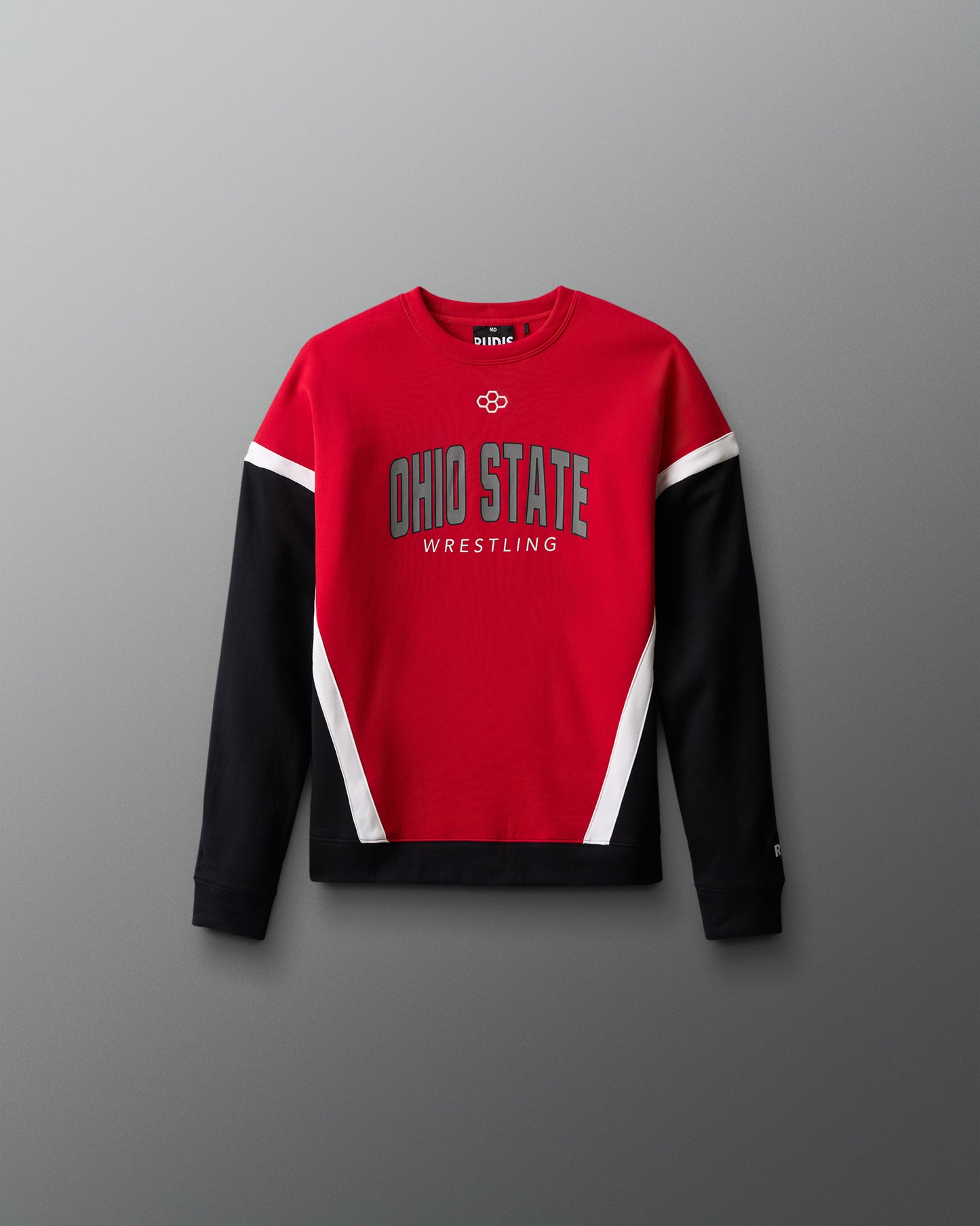 Red and black Ohio State Wrestling sweatshirt on a gray background