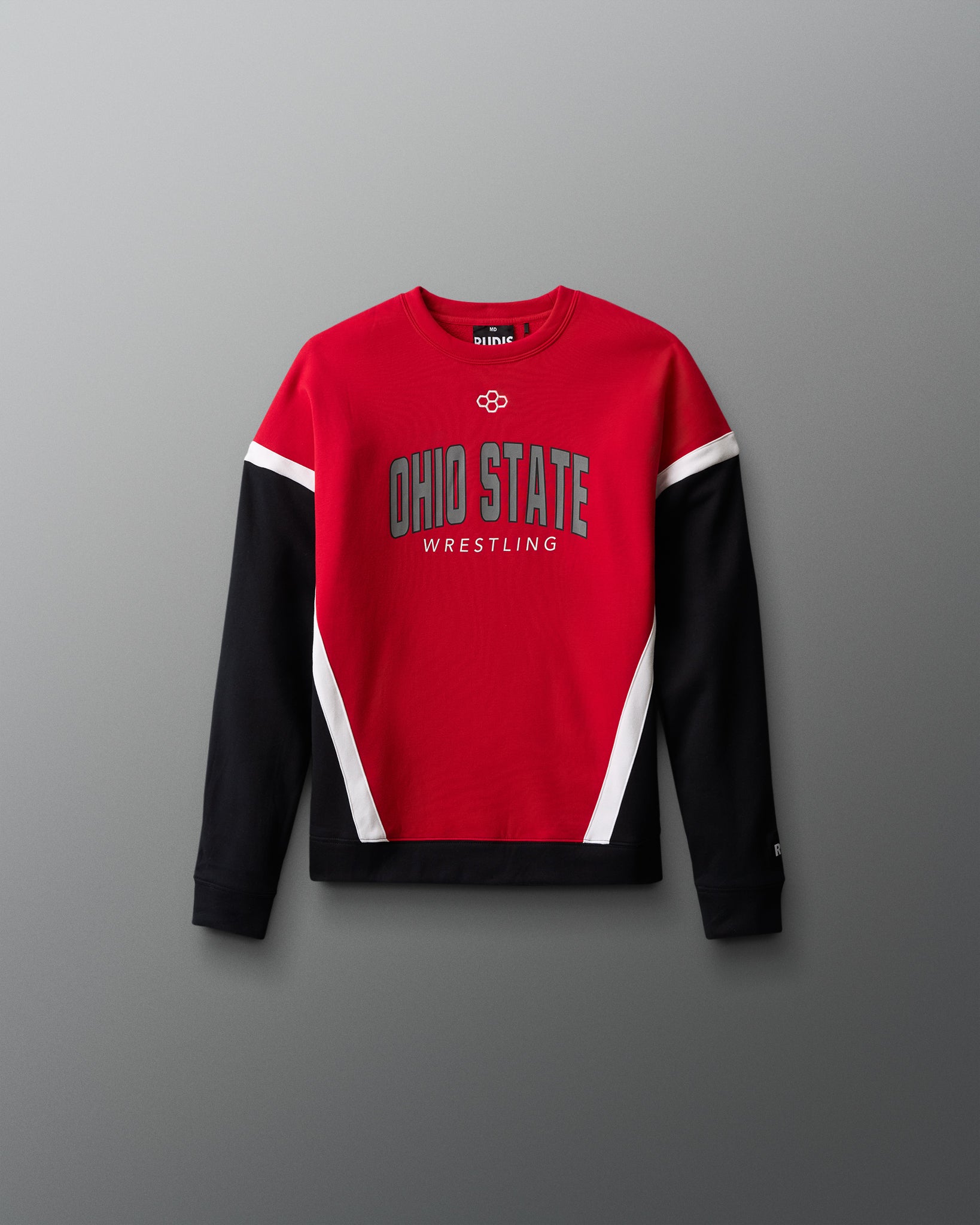 Red and black Ohio State Wrestling sweatshirt on a gray background