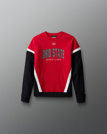 Red and black Ohio State Wrestling sweatshirt on a gray background