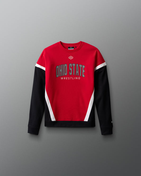 Red and black Ohio State Wrestling sweatshirt on a gray background