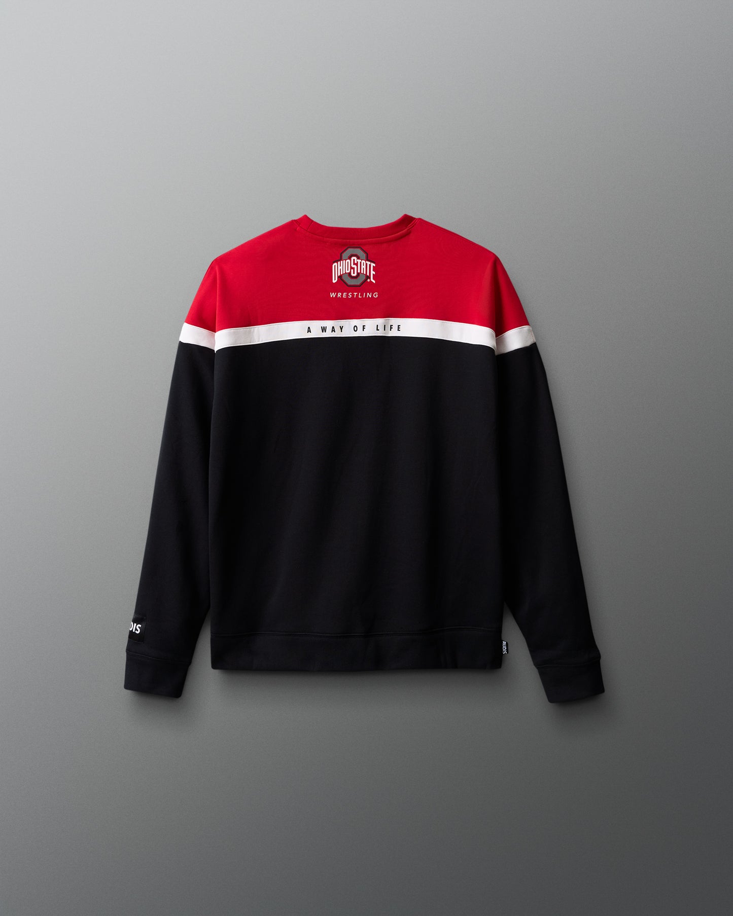 Black and red sweatshirt with white accents on a gray background