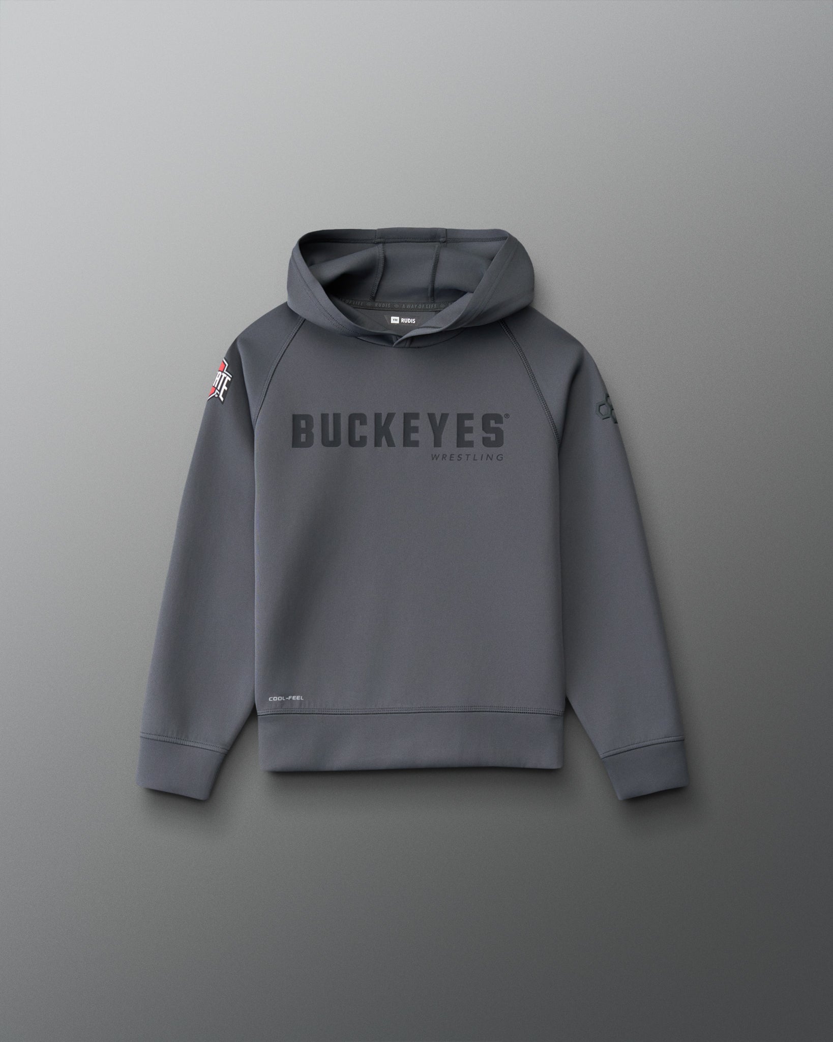 Front view of the RUDIS Ohio State Buckeyes Youth Cool Feel Hoodie in carbon with Buckeyes Wrestling chest graphic, Ohio State sleeve logo and RUDIS branding.