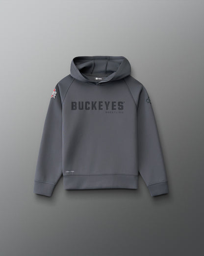 Front view of the RUDIS Ohio State Buckeyes Youth Cool Feel Hoodie in carbon with Buckeyes Wrestling chest graphic, Ohio State sleeve logo and RUDIS branding.