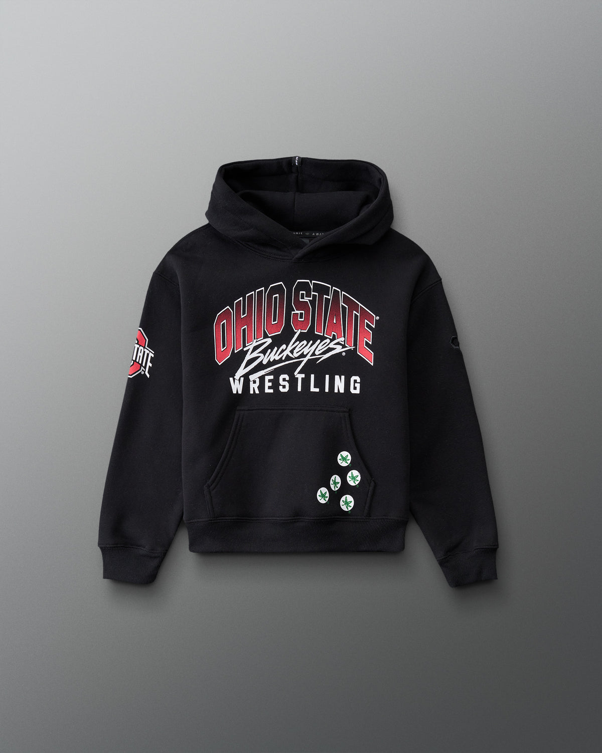 RUDIS Ohio State Buckeyes Youth Relaxed Comfort Fleece Hoodie in Black, front view featuring red and white Ohio State Buckeyes Wrestling graphics, sleeve logo, kangaroo pocket, and ribbed cuffs and hem. 
