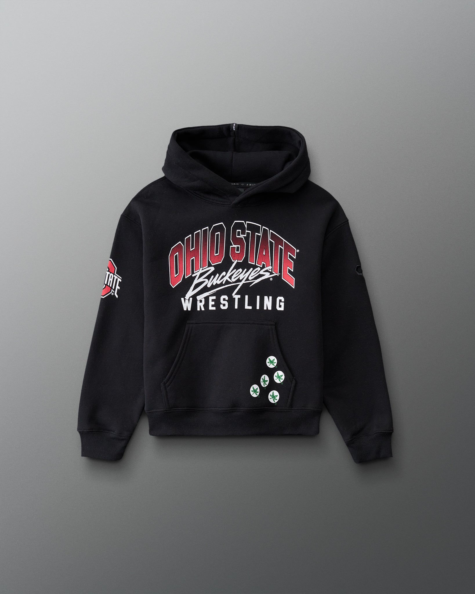 RUDIS Ohio State Buckeyes Youth Relaxed Comfort Fleece Hoodie in Black, front view featuring red and white Ohio State Buckeyes Wrestling graphics, sleeve logo, kangaroo pocket, and ribbed cuffs and hem. 