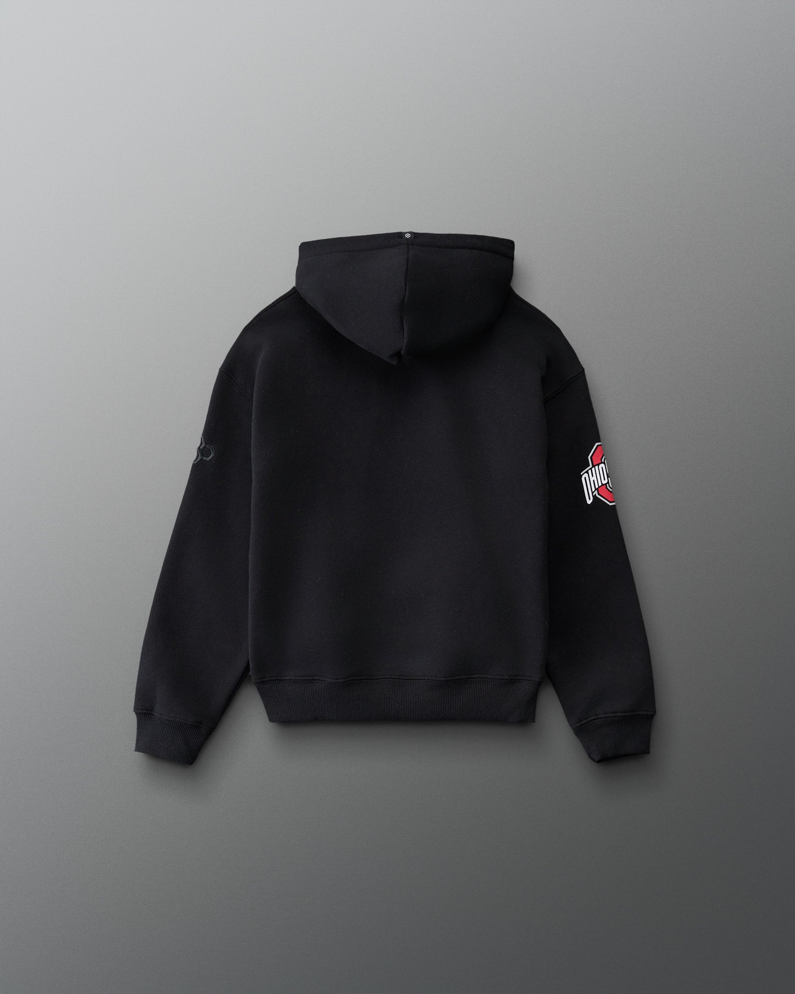 RUDIS Ohio State Buckeyes Youth Relaxed Comfort Fleece Hoodie in Black, back view showcasing a solid black body, attached hood, Ohio State sleeve graphic, relaxed silhouette, and ribbed cuffs and hem
