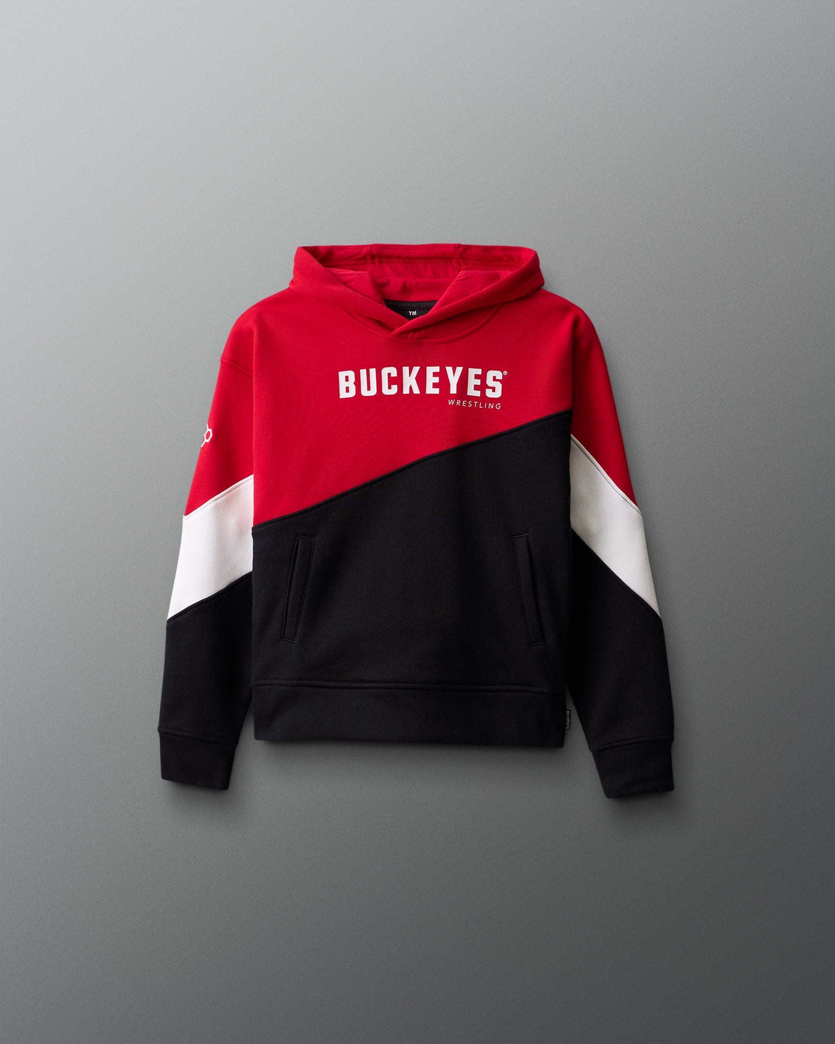Red, black, and white hoodie with 'Buckeyes' logo on a gray background