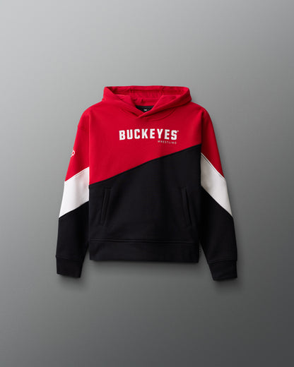 Red, black, and white hoodie with 'Buckeyes' logo on a gray background