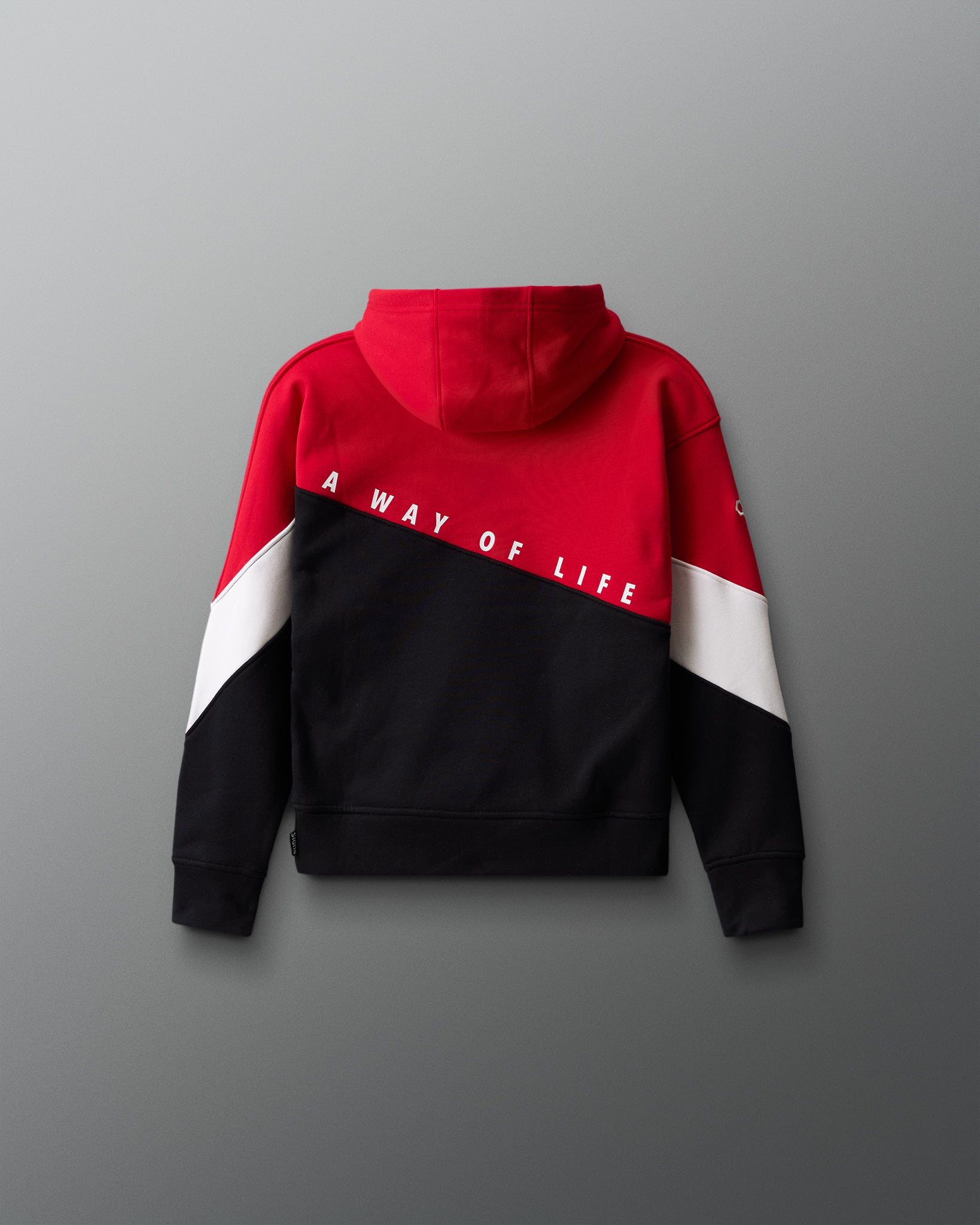 Red, black, and white hoodie with 'A Way of Life' text on a gray background
