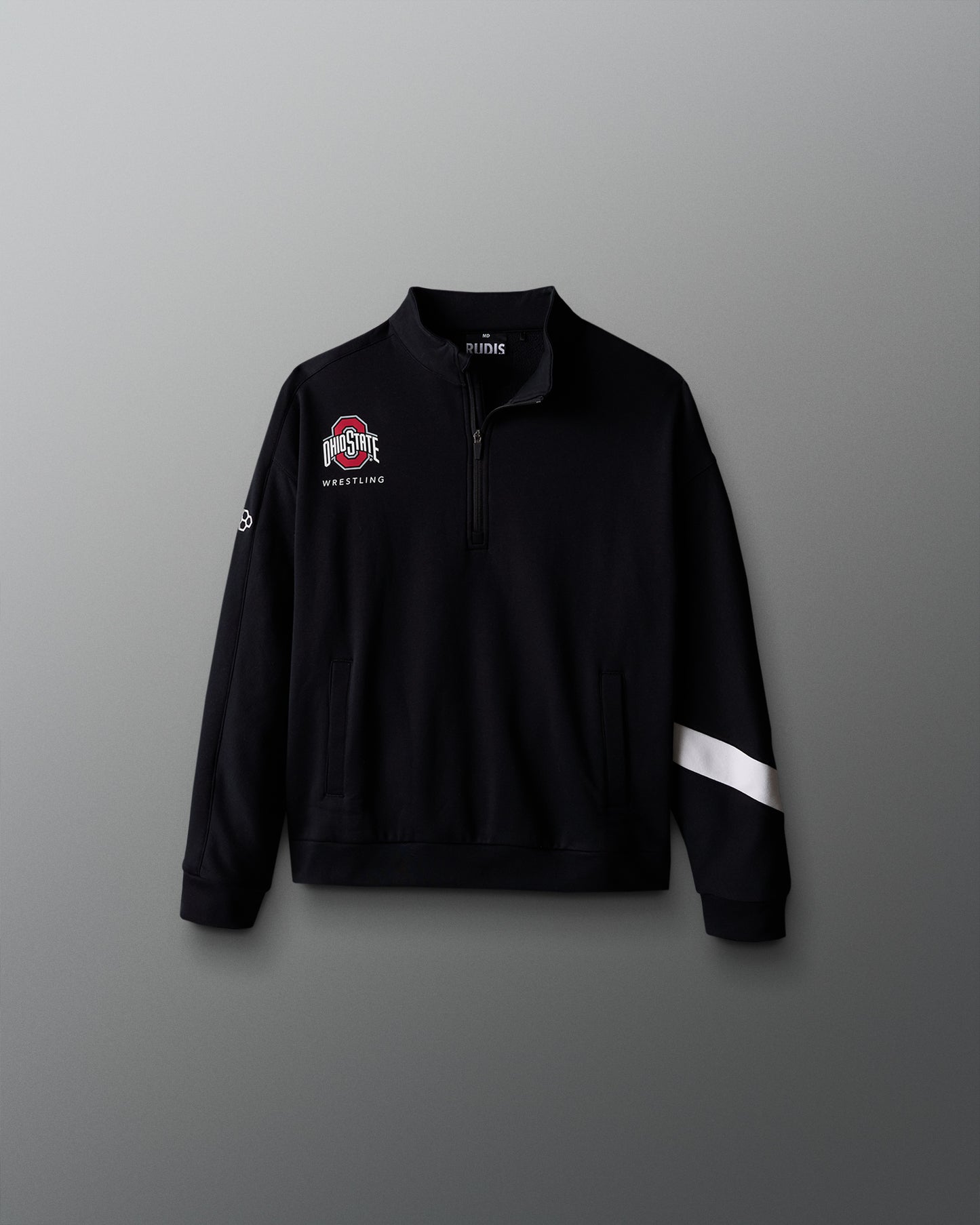 Black quarter-zip sweatshirt with logos on a gray background