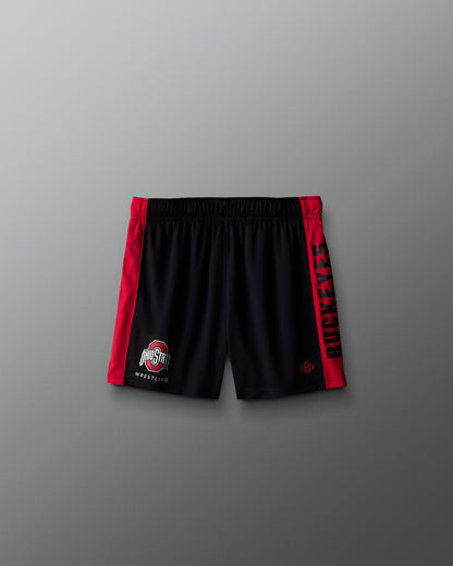 Black shorts with red accents on a gray background