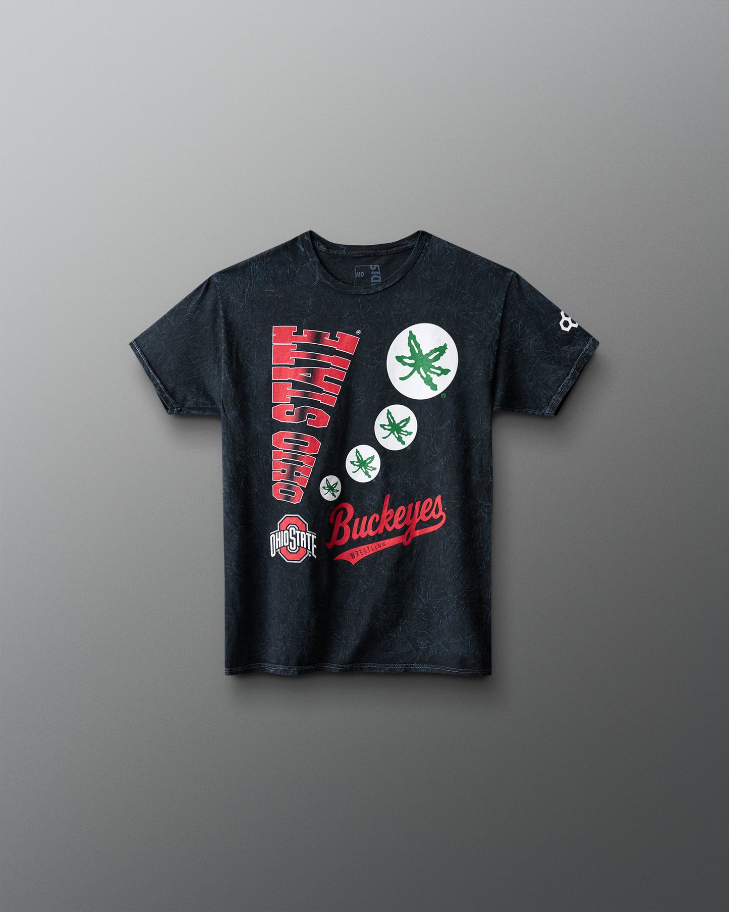 Black t-shirt with Ohio State Buckeyes graphics on a gray background