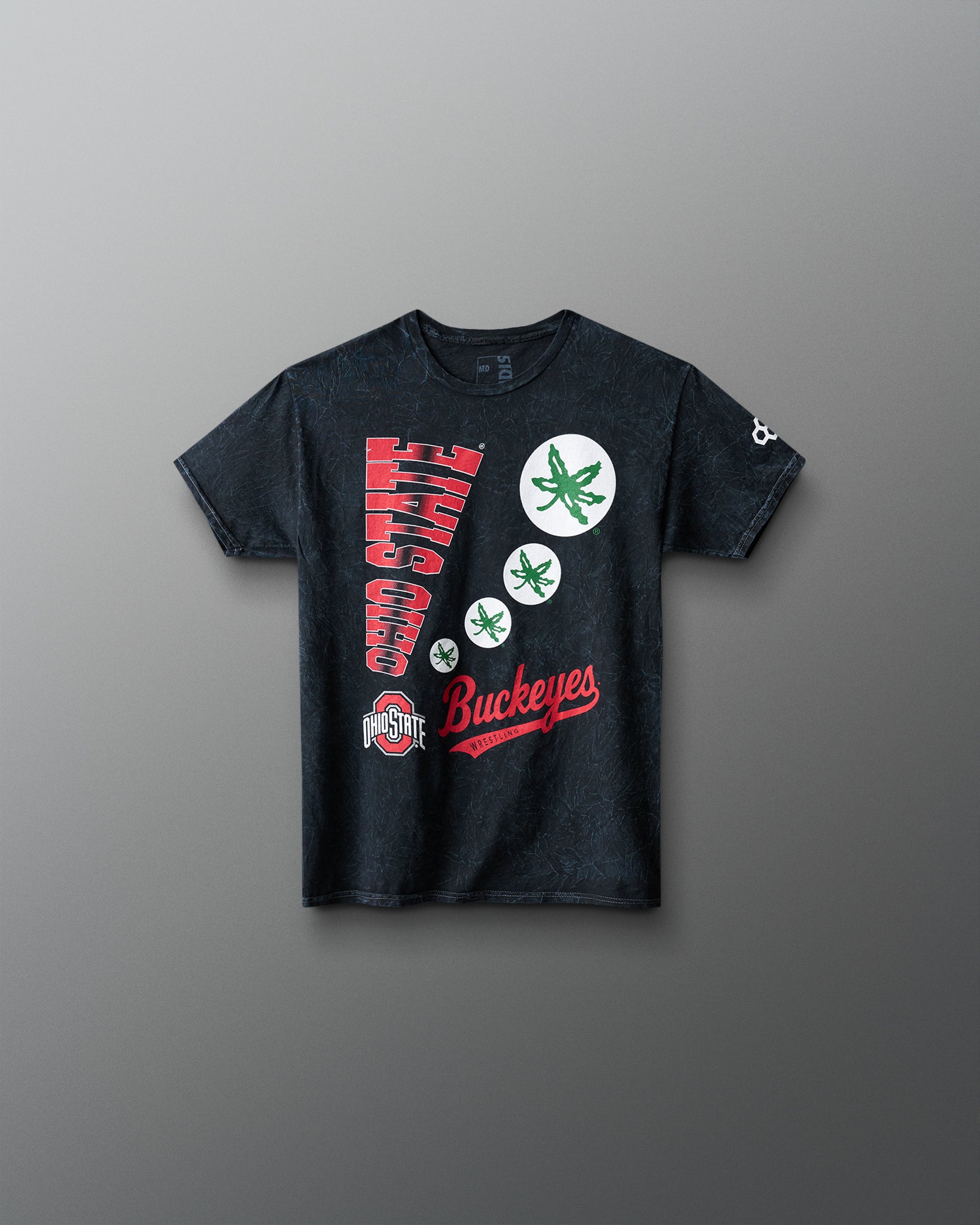 Black t-shirt with Ohio State Buckeyes graphics on a gray background