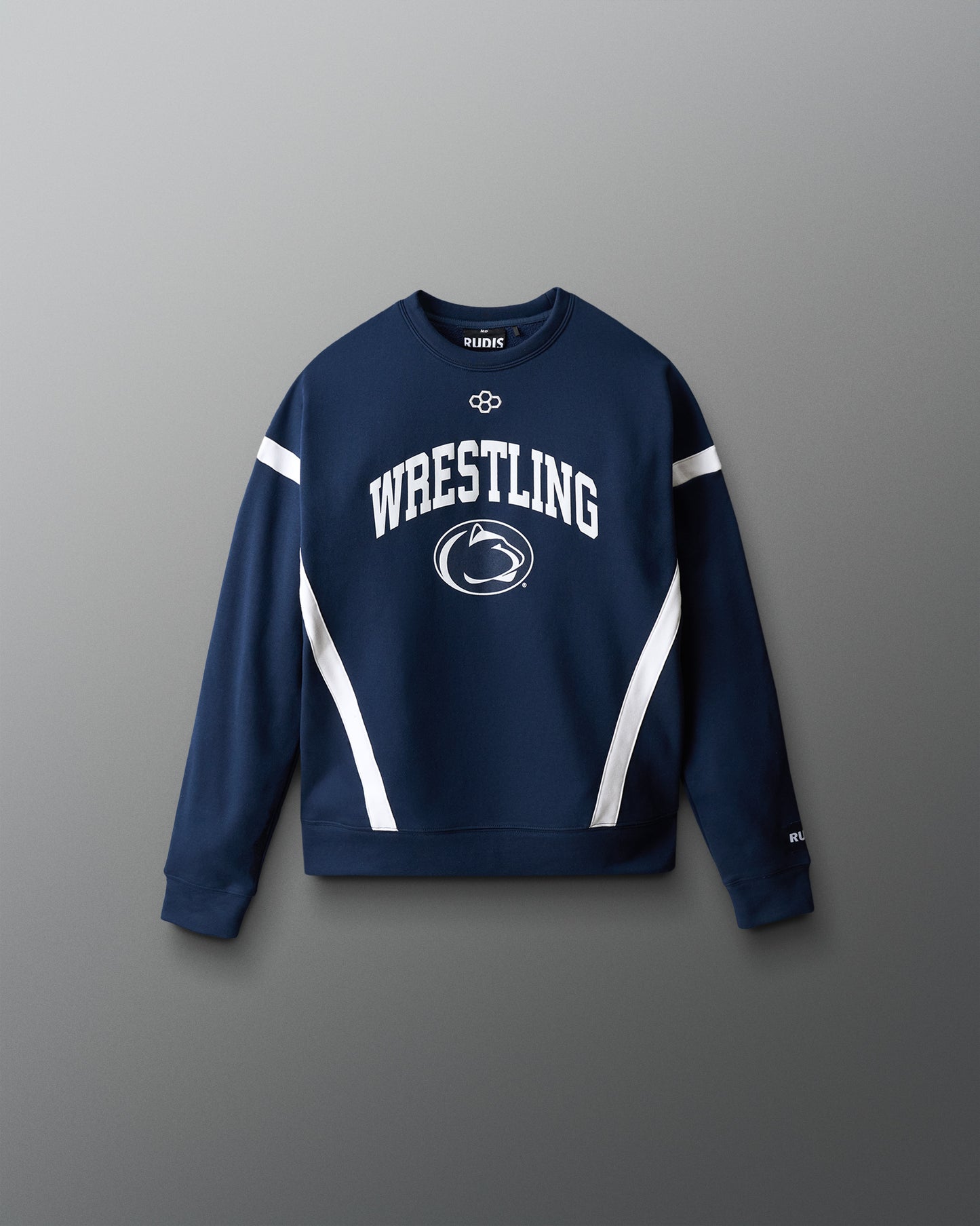 Navy blue sweatshirt with 'Wrestling' and a Penn State logo on a gray background