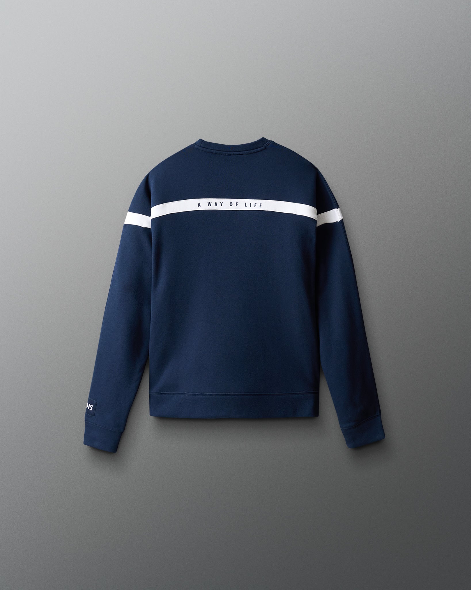 Navy blue sweatshirt with white stripes on a gray background